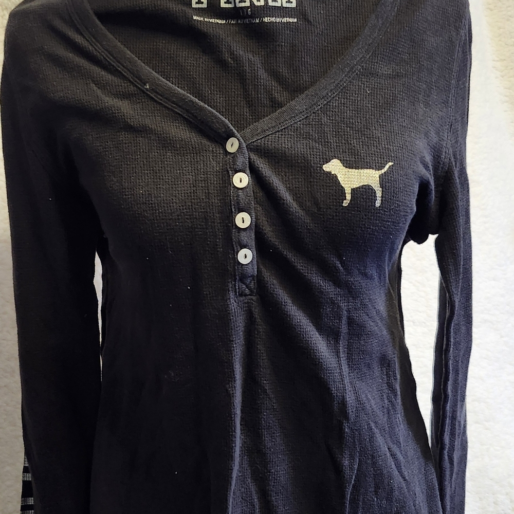 Victoria's Secret Black Long-Sleeve Henley with Cream Dog Logo